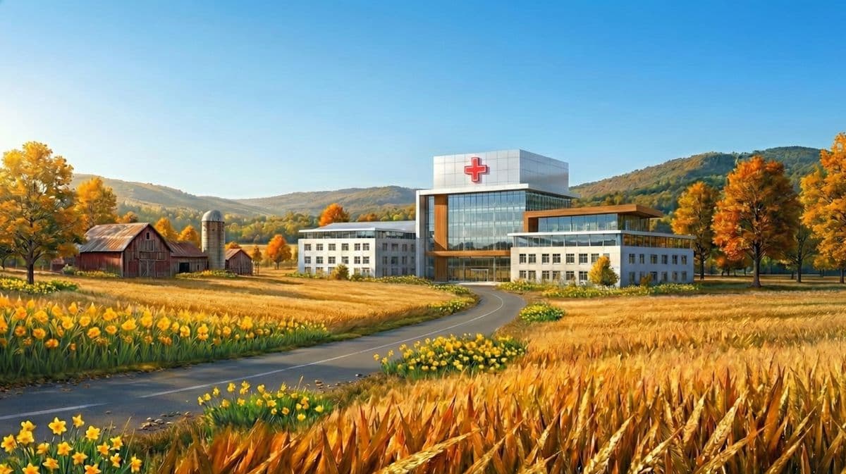 Rural hospital with fields and winding road in autumn landscape